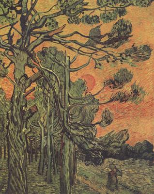 Vincent Van Gogh Pine Trees against a Red Sky with Setting Sun (nn04) oil painting picture